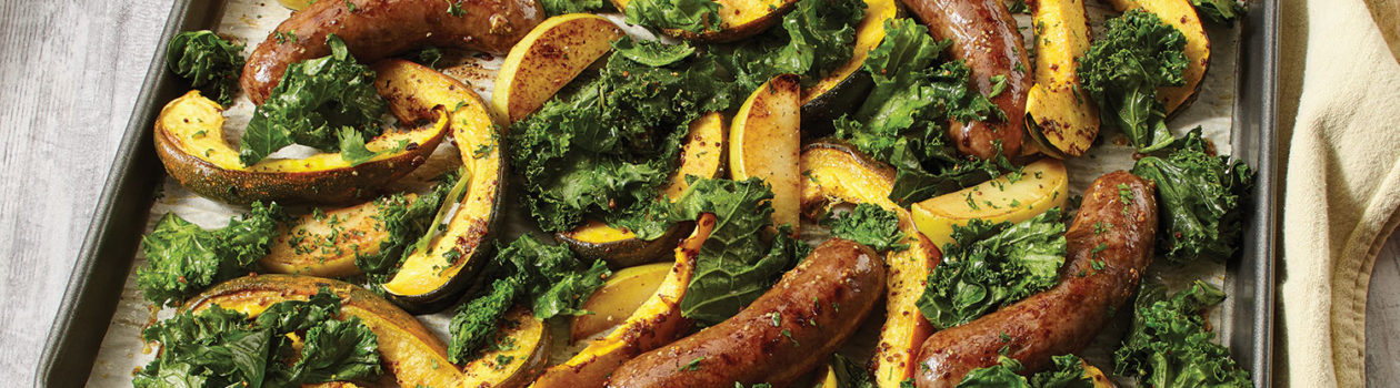 Sausage squash and crispy kale sheet pan dinner