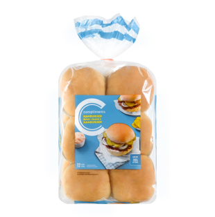 Package of twelve Compliments hamburger buns in a bag with image of buns on front.