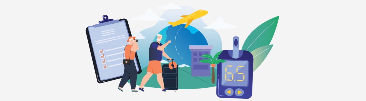Illustration of a senior couple travelling with diabetes supplies, including a checklist, plane and diabetes meter.